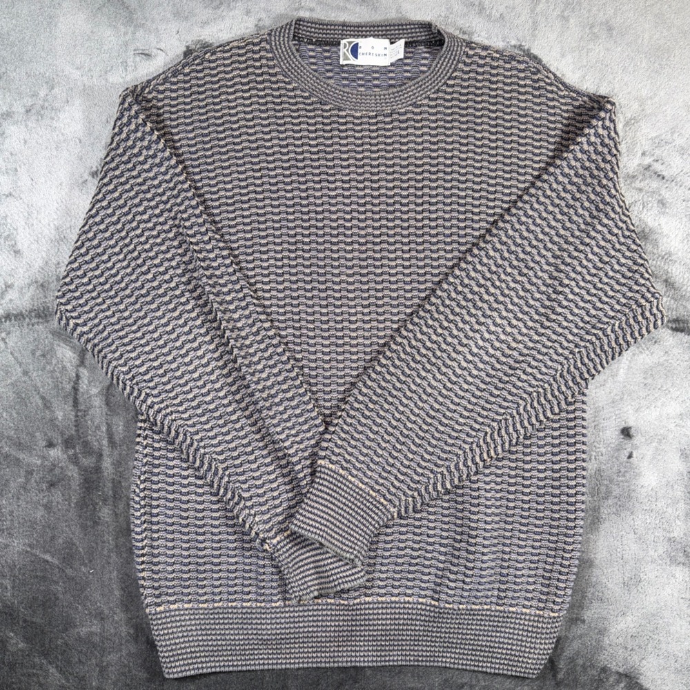 Ron Chereskin Vintage Mens Large Cotton Knit Sweater Geometric Made in USA Blue